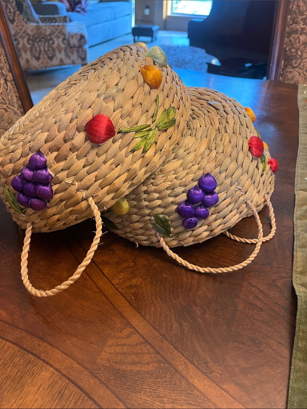 Hand Crafted Straw Nesting Baskets with Multicolor Embroidered Buds - Picture 2 of 9
